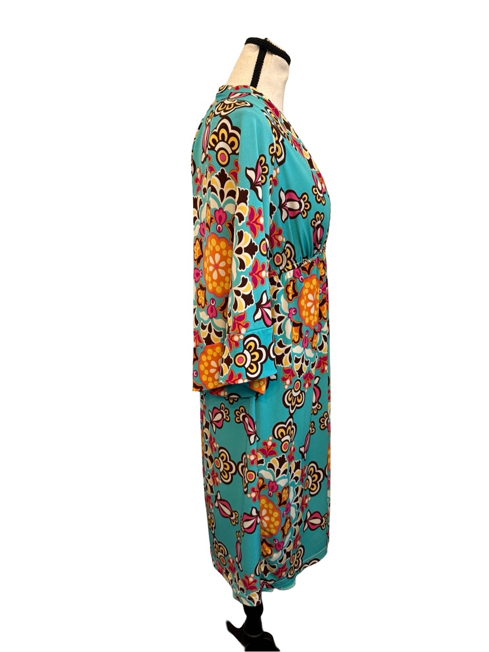 Judith March Boho Empire Waist Midi Dress Large Turquoise Retro Floral Made USA - Picture 5 of 12